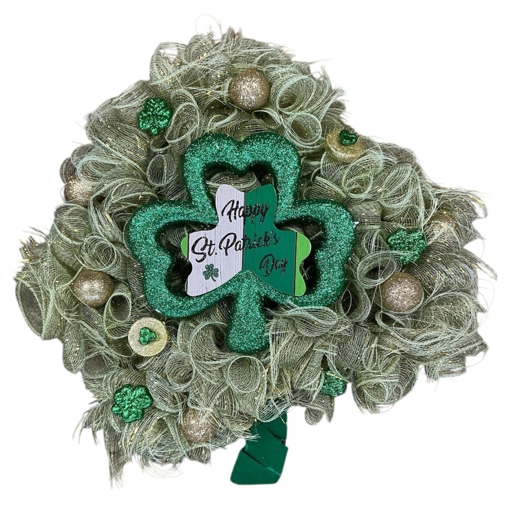 Saint Patricks Day Irish Clover Hand Made Holiday Decor Green Gold Ribbon 20 In